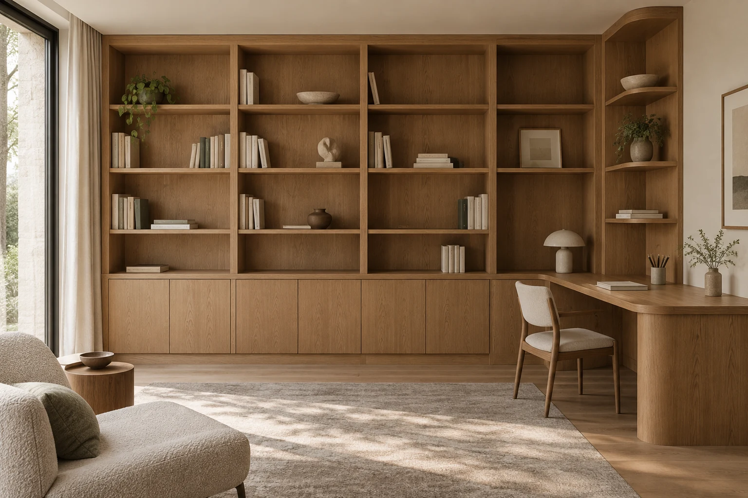 Perspective conceptuelle générée par IA : bibliothèque, rangements fermés et bureau intégré en bois