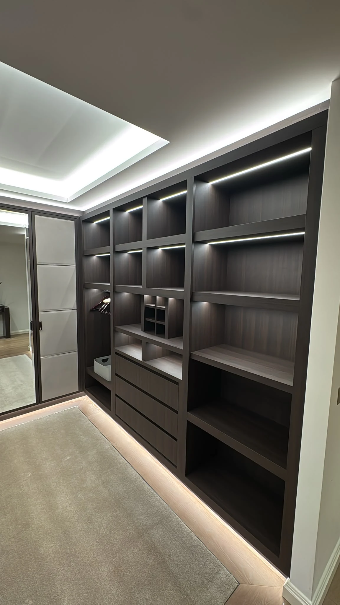 Angle du dressing sombre avec étagères, penderie et tiroirs