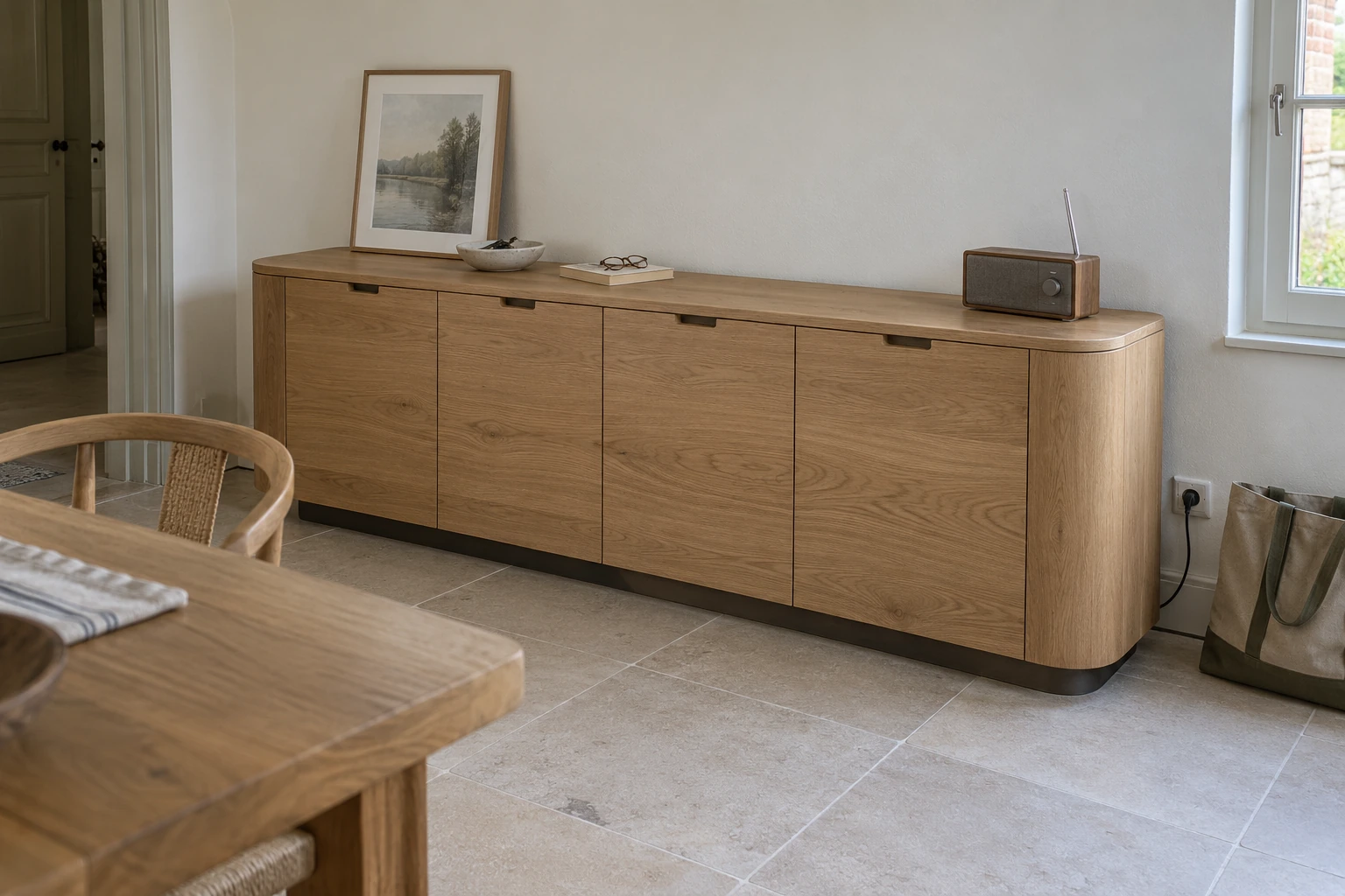 Buffet en chêne à quatre portes et joues arrondies dans une pièce de vie