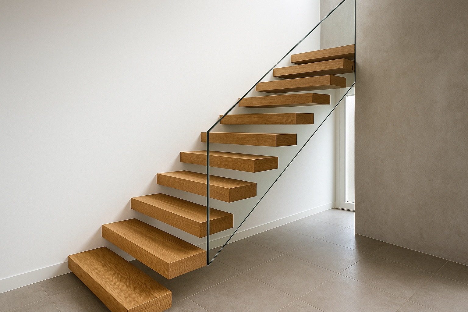 Escalier à limon invisible — chêne & verre